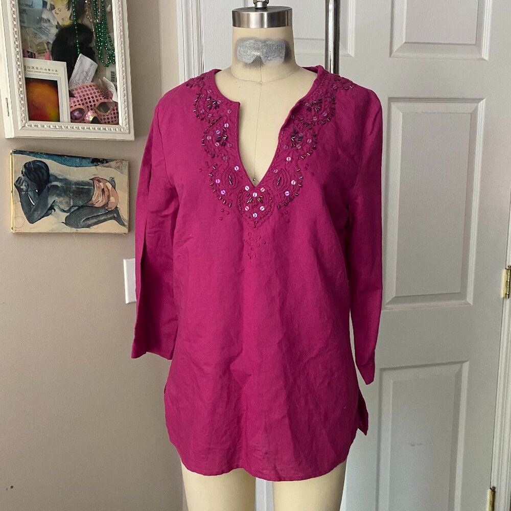 OLD NAVY Magenta LINEN Beaded Bohemian Hippie Lounge Tunic shirt *MEDIUM*